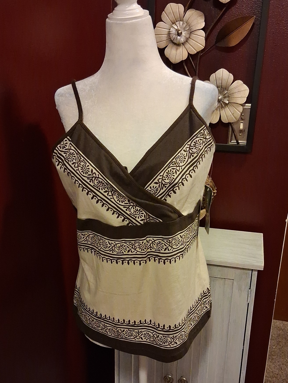 Sonoma Cream and Brown Embroidered Look Cami Tank Top